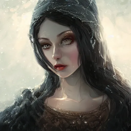 Image similar to whimsical grumpy girl, portrait, ice magic, dark hair, dark robe, intricate, elegant, highly detailed, cgsociety, trending on artstation, dnd, castle background, warm light, concept art, illustration