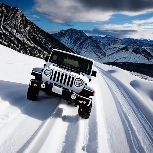 Prompt: white jeep wrangler driving up snow covered mountain on edge of a cornice, dramatic lighting, cinematic, photo realism