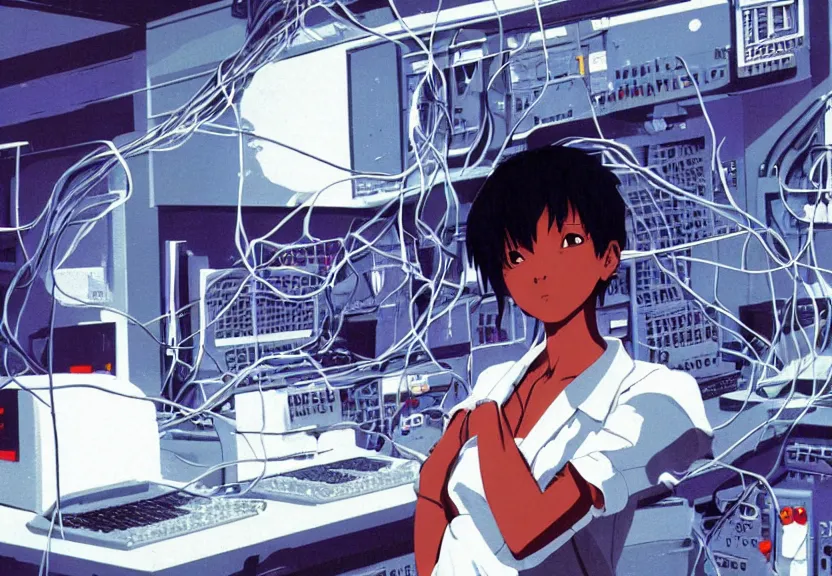 Prompt: dark skin woman wearing a white lab coat with a blue haircut, body connected to wires and surrounded by 1 9 8 0 s computers, painted by yoshitoshi abe and makoto shinkai, in the style of serial experiments lain and gainax evangelion 1 9 9 5, dynamic lighting, dark ambience, cell - shaded, detailed face, retro tech