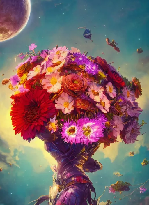 Image similar to An epic fantastic realism comic book style painting of the most beautiful flowers launched across the galaxy, bouquets, fisheye lens, unreal 5, DAZ, hyperrealistic, octane render, dynamic lighting