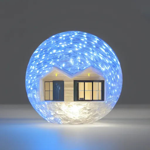 Image similar to crystal sphere with mini modern house with led strip lights inside it, octane render hyperdetailed,