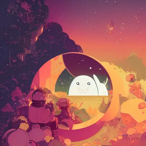 Image similar to A rabbit full of hope, looking for a black hole in an infinite time loop by Victo Ngai and Ghibli andlisk feng and atey ghailan