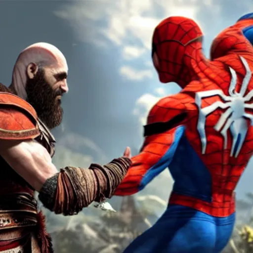 Image similar to screenshot of the game God of War with Kratos and Spiderman high fiving | Sony Pictures official media | Spiderman | Spiderman | Spiderman