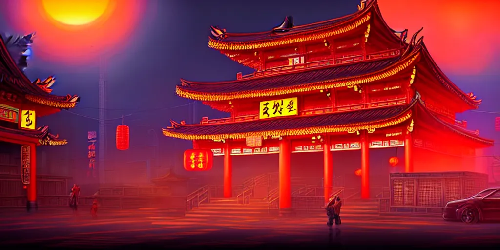 Prompt: chinese temple architecture with cyberpunk neon signs, orange sky, japanese town, cinematic view, concept art, high detail, well lit, volumetric, godrays, vivid, sunrise, trending on artstation, by jordan grimmer, art greg rutkowski