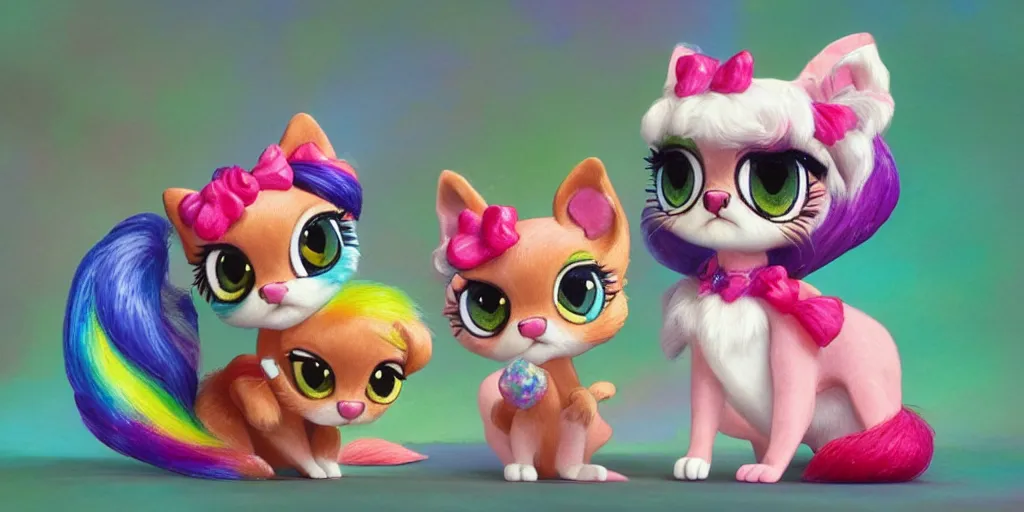 Prompt: 3 d littlest pet shop cat, lacey accessories, glittery wedding, ice cream, gothic, rainbow, master painter and art style of noel coypel, art of emile eisman - semenowsky, art of edouard bisson
