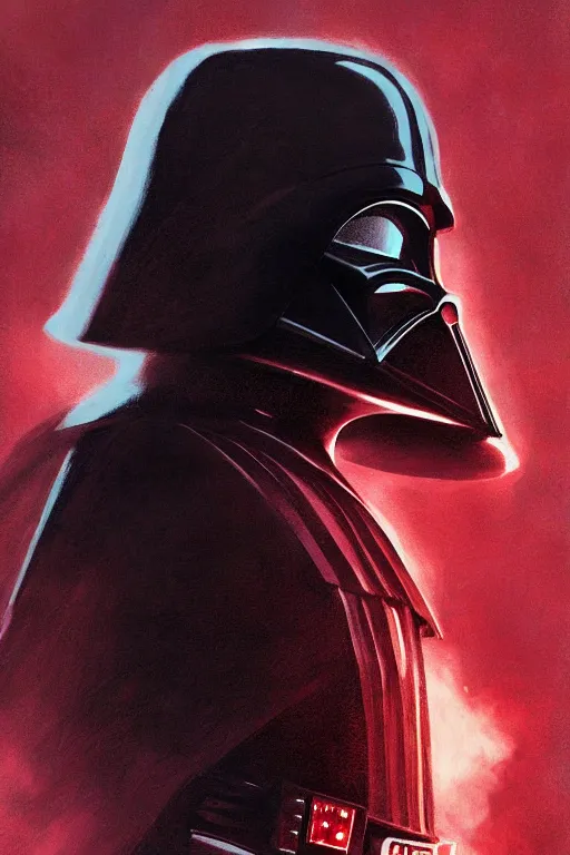 Prompt: darth vader from sideview with large shoulders, armor, dark realistic proportions concept art, red, ethereal horror fantasy art by greg rutkowski and magali villanueve and monet con