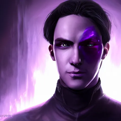 Image similar to An epic fantasy comic book style portrait painting of a young man with straight long black hair lilac eyes. Wearing black spy combat clothes. He is holding knives in both hands. Menacing look. Dark purple energy portal around, born from shadows. Unreal 5, DAZ, hyperrealistic, octane render, cosplay, RPG portrait, dynamic lighting