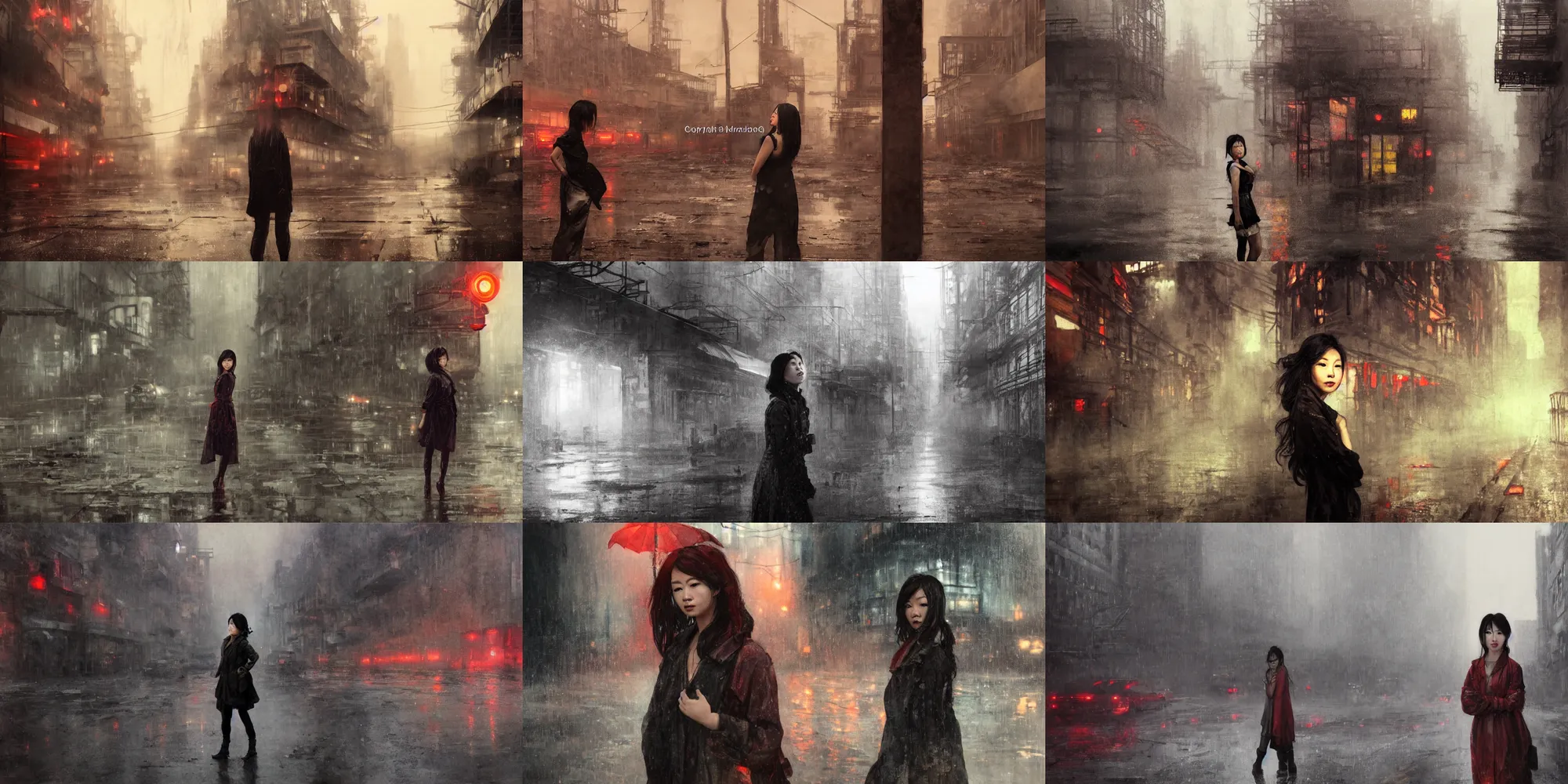 Prompt: an asian woman, beautiful face, innocent look, in abandoned industrial city with towering factories, fire escapes, scaffolding, smokestacks, and distant red lights at night in the rain, dark moody lighting, post - apocalyptic, desolate, by jeremy mann and alphonse mucha, dramatic lighting, ethereal, stunning, breathtaking, awe - inspiring award - winning, 8 k