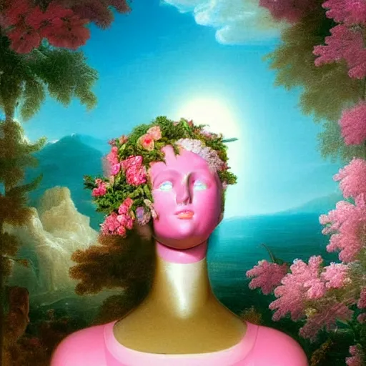 Prompt: award winning masterpiece with incredible details, a surreal vaporwave vaporwave vaporwave vaporwave vaporwave painting by Thomas Cole of an old pink mannequin head with light beaming out of its eyes, flowers growing out of its head, sinking underwater, highly detailed, WOW