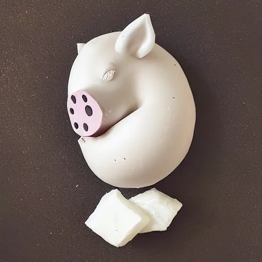 Image similar to “pig sculpture, mixed materials, pork, ikebana white flowers, white wax dripping”