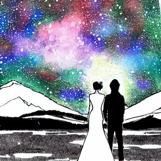 Image similar to a beautiful landscape showing mountains, stars and galaxies in the background. The silhouet of a young couple sits in the foreground, drawn, sketch, anime style