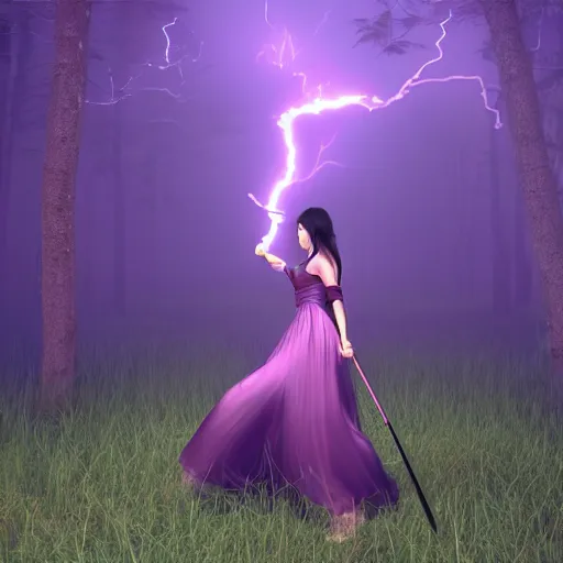 Prompt: girl with a long skirt swinging a big katana in the forest with wind blowing the trees, purple aura, scary atmosphere, hyperrealistic, photorealistic, realistic, insane lightning, interdimensional lightning, 3d, 3-dimensional, multiverse, unreal engine 5 render, redshift render, octane render, cinema4d, blender