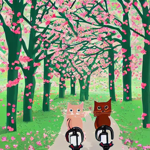 Image similar to a cute artwork of two cats riding scooters through a forest of cheery blossom trees