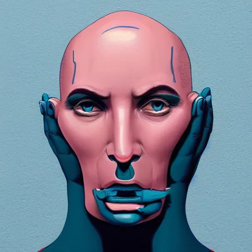 Prompt: prussian blue by tomer hanuka imposing, sigma 8 5 mm f / 1. 4. a beautiful body art of a giant head. the head is bald & has a big nose. the eyes are wide open & have a crazy look. the mouth is open & has sharp teeth. the neck is long & thin.