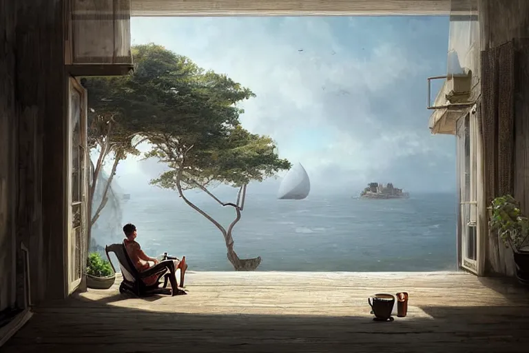 Image similar to a matte painting of a man sitting down and having a cup of tea in his house by the beach, by greg rutkowski,