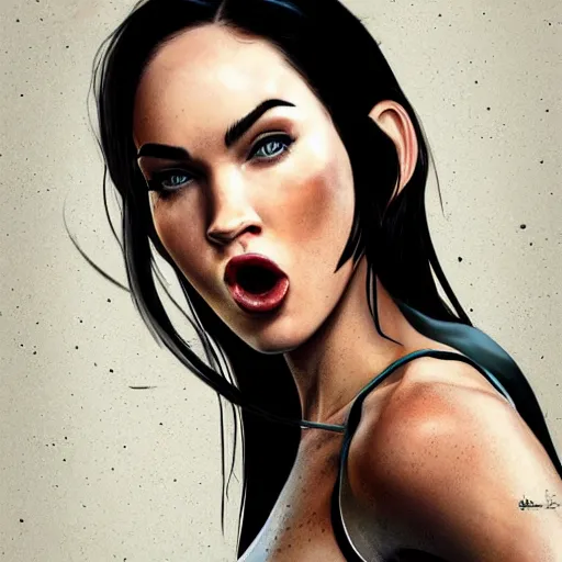 Prompt: megan fox sticking her tongue out, hyperrealistic portrait, photo realistic, poster, artstation, volumetric lighting, digital art, very detailed face, instagram photos