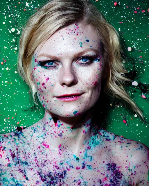 Image similar to photorealistic portrait headshot photos of kirsten dunst with bright green paint splattered across her face. photoshoot peter hurley, nyc headshot photographer, photorealistic