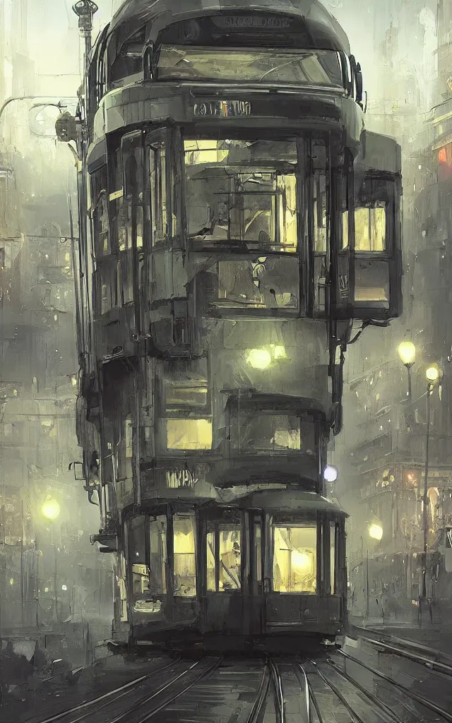 Image similar to city tram in the evening, by charlie bowater, by hazem taha hussein, by h. r. giger, by ismail inceoglu
