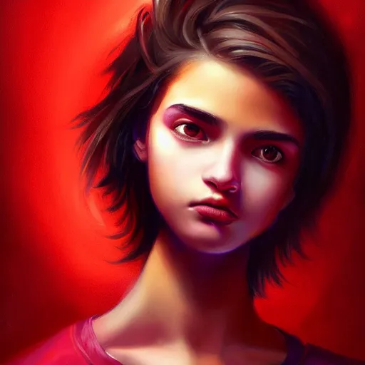 Image similar to colorful and festive captivating teenager with straight brown hair covering his eye, dark skin, big lips, big eyes, wearing a red t - shirt. rich vivid colors, ambient lighting, dynamic lighting, 4 k, atmospheric lighting, painted, intricate, highly detailed by charlie bowater