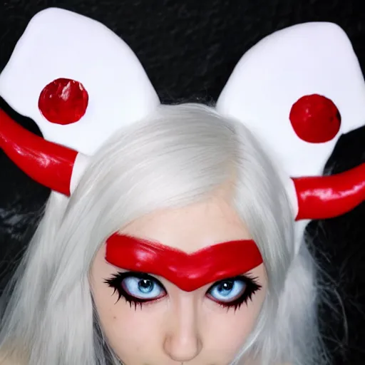 Image similar to white haired red eyed anime girl, devil horns, elf ears