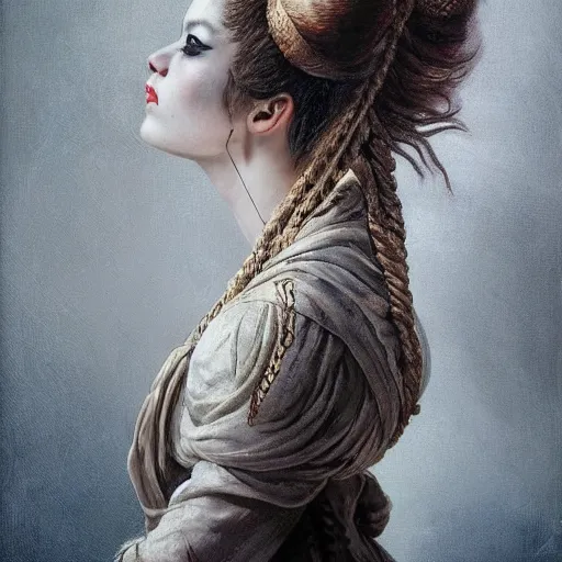 Image similar to portrait of a Shibari rope wrapped face and neck, headshot, insanely nice professional hair style, dramatic hair color, digital painting, of a old 18th century, Royal Emperor, amber jewels, baroque, ornate clothing, scifi, realistic, hyperdetailed, chiaroscuro, concept art, art by Franz Hals and Jon Foster and Ayami Kojima and Amano and Karol Bak,