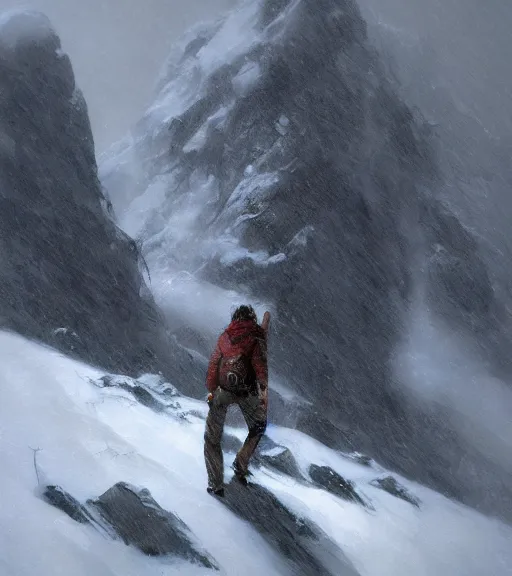 Prompt: a climber climbs a snowy mountain in a storm, close portrait, painting by craig mullins, octane rendering, soft morning lighting, wide angle lens, in the style of hayao miyazaki, trending on artstation,