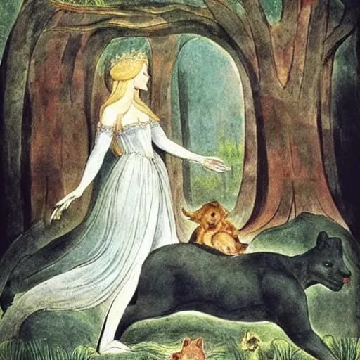 Image similar to by william blake harrowing. a beautiful installation art of princess aurora singing in the woods while surrounded by animals. she looks so peaceful & content in the company of the animals, & the colors are simply gorgeous.