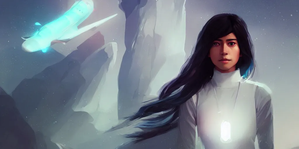 Prompt: Young Himalayan woman, somber white eyes, long, gentle lighting, piloting a small space shuttle, futuristic, dim lighting, digital art by Makoto Shinkai ilya kuvshinov and Wojtek Fus, digital art, concept art,