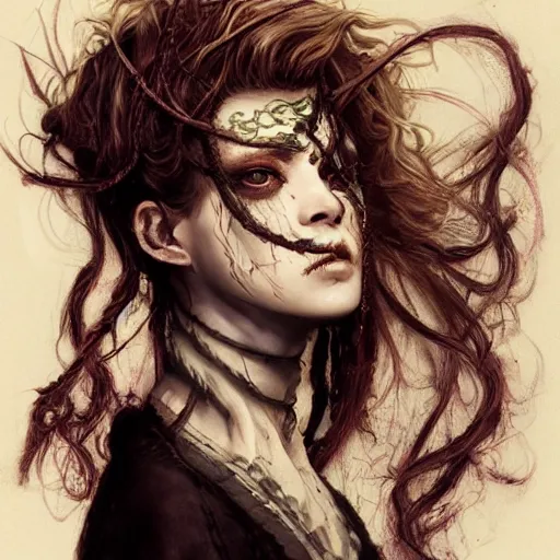 Image similar to portrait of a Shibari rope wrapped face and neck, headshot, insanely nice professional hair style, dramatic hair color, digital painting, of a old 13th century, traveler, amber jewels, baroque, ornate clothing, scifi, realistic, hyperdetailed, chiaroscuro, concept art, art by Franz Hals and Jon Foster and Ayami Kojima and Amano and Karol Bak,