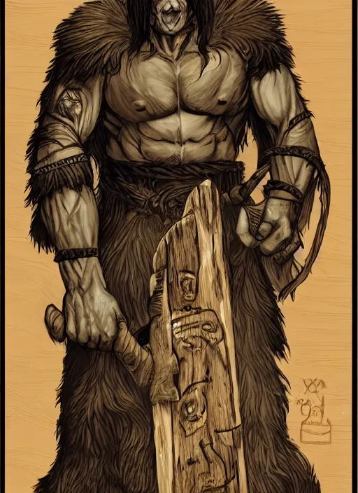 Prompt: Portrait of a Half Orc Druid holding a wooden totem, solid background, Fantasy Art, Dungeons ad Dragons, Frazetta