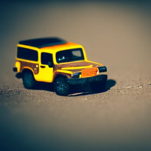 Image similar to COMMANDER, ((jeep)), micro machines, bokeh, macro photography