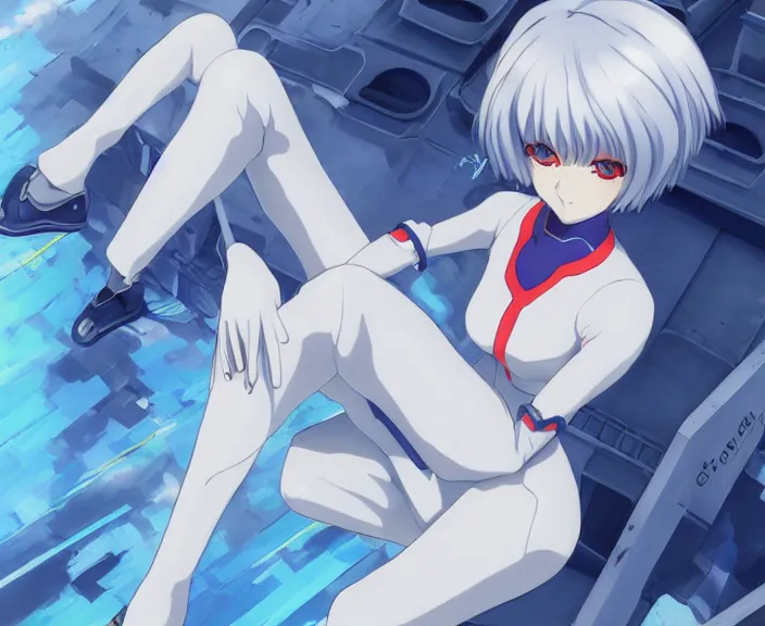 Image similar to anime art, fullbody shot of female rei ayanami, evangelion, long blue hair and large eyes, finely detailed perfect face, in a pale skintight plugsuit, sitting on rooftop, flooded city, trending on pixiv fanbox, by ilya kuvshinov, sola digital arts,, raytracing