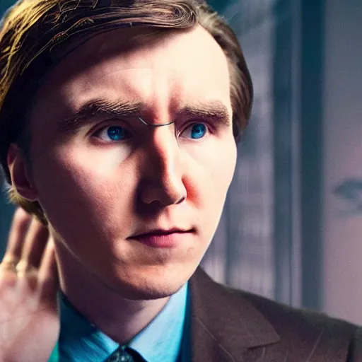 Image similar to film still of Paul Dano as Riddler in The Batman, 4k, dark lighting, film noir, grainy, dark tone