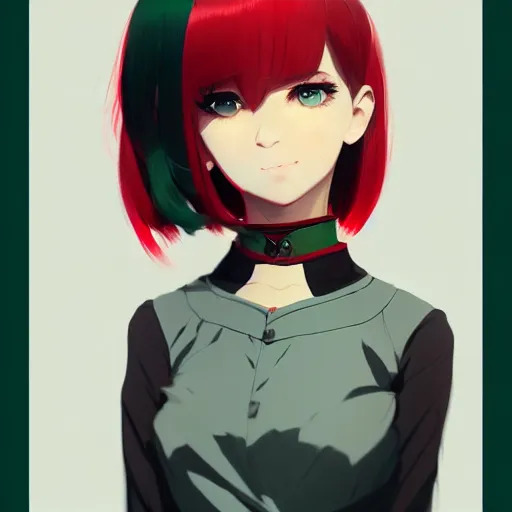 Image similar to elegent girl with grey hair and green eyes, wearing a red and black color dress, in the style of and ilya kuvshinov and greg rutkowski, high quality anime artstyle, intricate