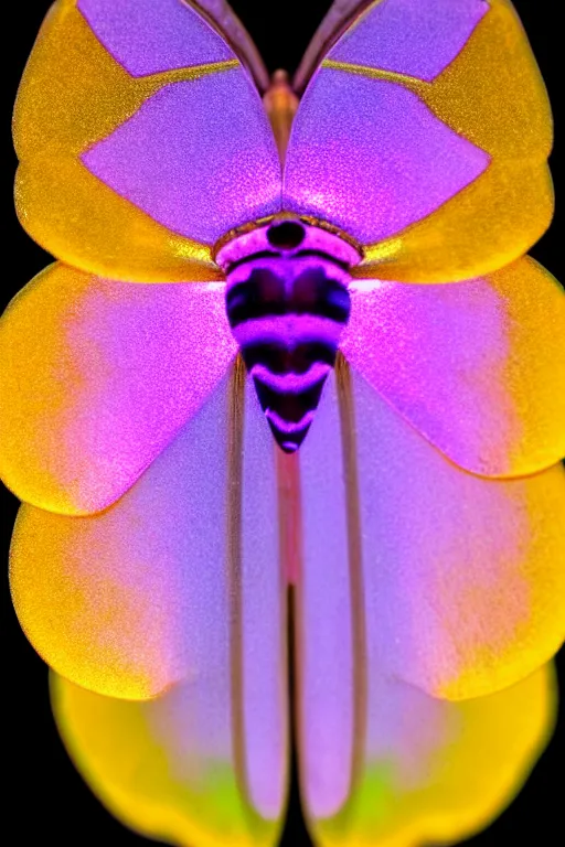 Prompt: high quality close-up photo pearlescent translucent moth! jeweled gorgeous! highly detailed david ligare elson peter cinematic purple neon lighting high quality low angle hd 8k sharp shallow depth of field