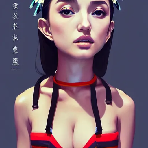 Image similar to a beautiful young japanese natalie portman alluring gravure model, stylized concept art, wearing elegant designer bomber jacket and one piece bikini, bomber jacket with mesoamerican patterns, mesoamerican native street fashion, princess mononoke, painted by ilya kuvshinov aesthetic, gorgeous, stunning, alluring, attractive, artstation, pinterest, digital art