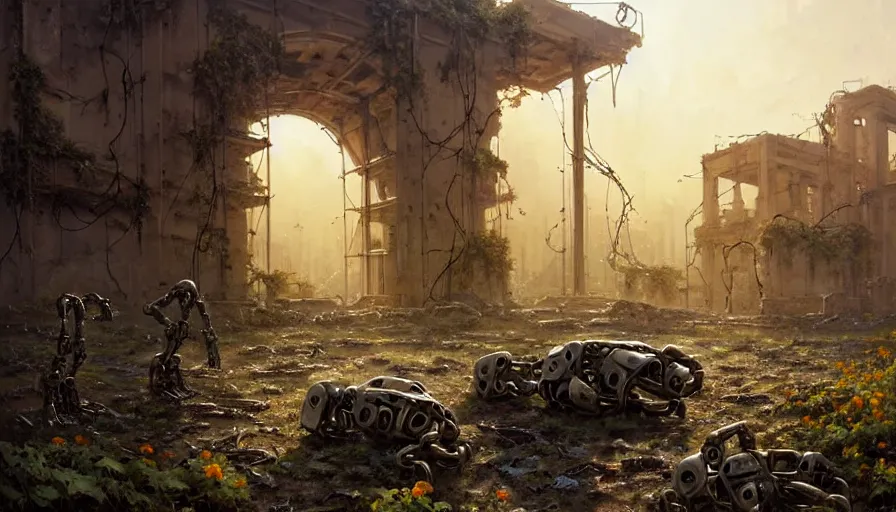 Prompt: dead robots in ancient sci - fi ruins, gray wasteland, rusted junk, rubble, pillars, flowers, vines, hyperrealistic, highly detailed, cinematic, single ray of golden sunlight, beautiful, cgssociety, artstation, 8 k, oil painting by greg rutkowski, by artgerm, by wlop