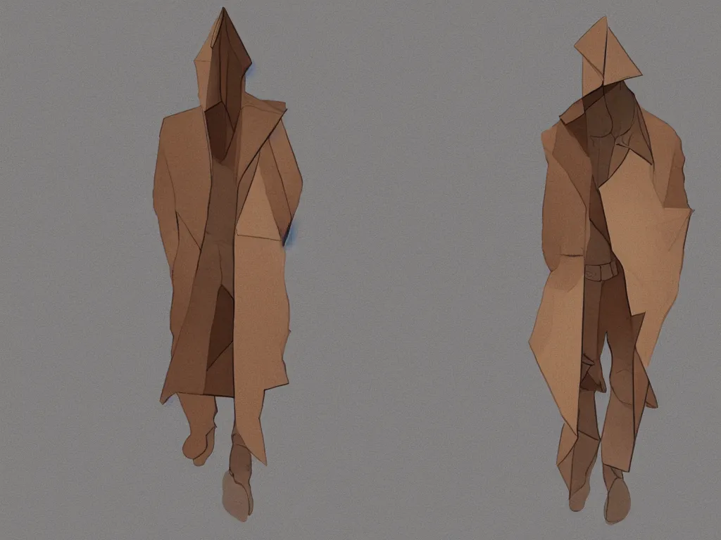 Prompt: a man without a head in a brown trench coat, the man’s head is replaced by an outline triangle with a smaller triangle inside it, digital art, 4k,