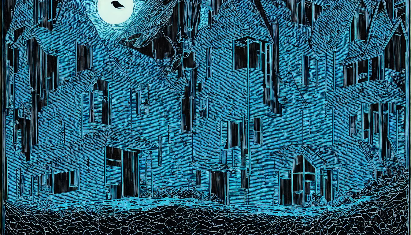 Prompt: blue lit raven lair by dan mumford and peter doig and edward hopper, symmetrical, minimal, black ink, thick lines highly detailed, muted colours 8 k