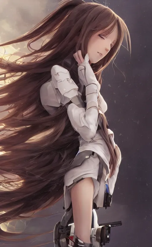 Prompt: girl with aircraft mecha legs, anime style, long hair, hair down, symmetrical facial features, from arknights, hyper realistic, pale skin, 4 k, rule of thirds, extreme detail, detailed drawing, trending artstation, hd, military gear, d & d, realistic lighting, by alphonse mucha, greg rutkowski, sharp focus, backlit
