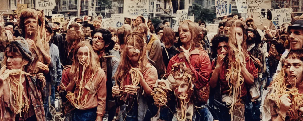 Image similar to hippies protesting spaghetti, 1 9 6 0's, high detailed face, realistic faces, small details, intricate, canon 5 0 mm, wes anderson film, kodachrome