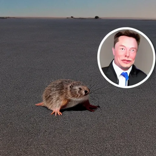 Image similar to a elongated muskrat with the face of elon musk, muskrat!!