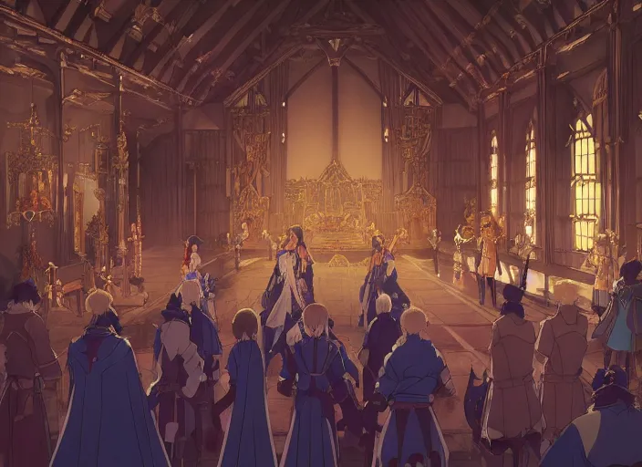 Image similar to key anime visual portrait of a castle's main hall interior with throne, servants, nobles, dynamic pose, dynamic perspective and angle, cinematic, film grain, designed by yoh yoshinari, detailed, intricate, at night, dramatic lighting, costumes by mika pikazo