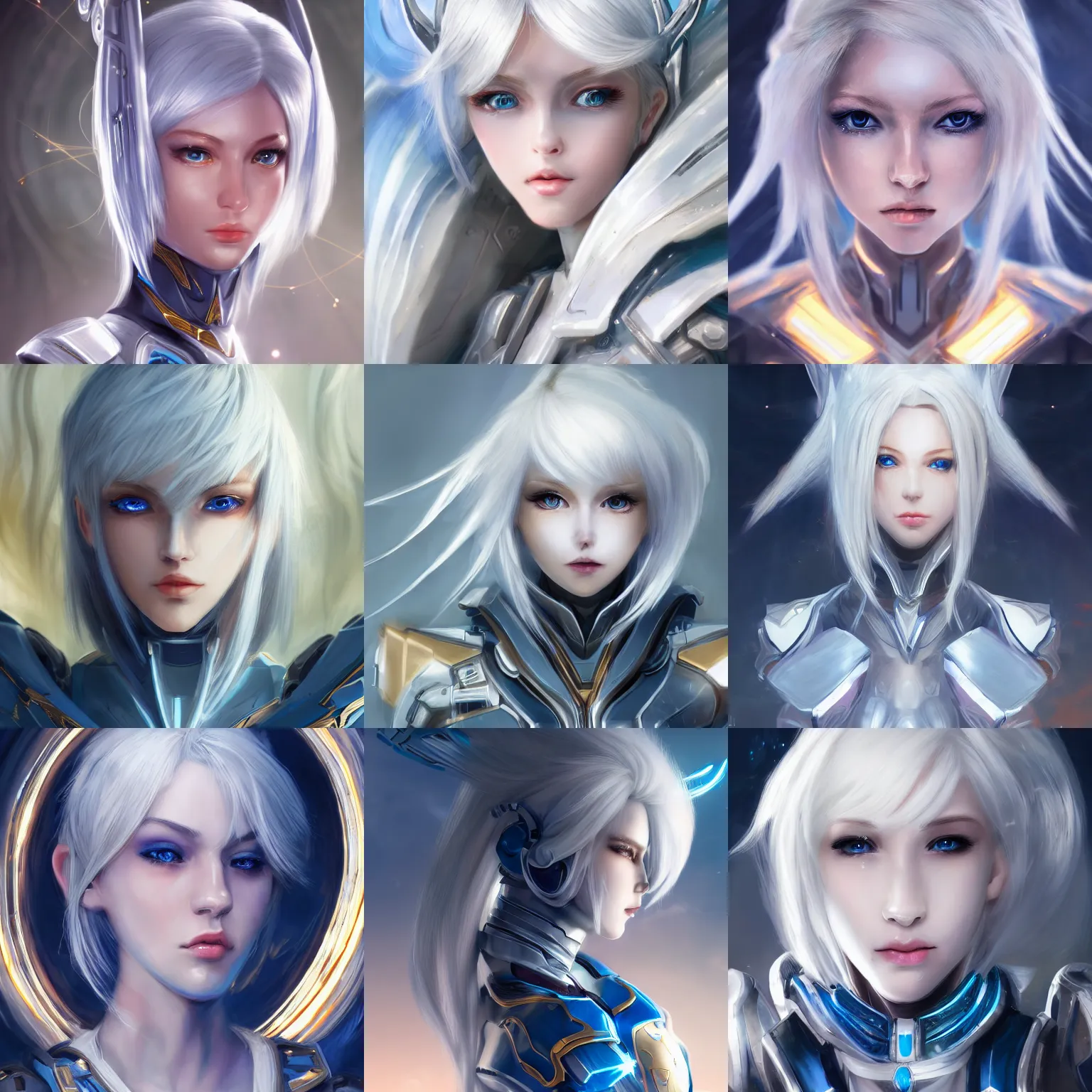 Prompt: detailed portrait of perfect white haired girl, android, warframe armor, beautiful, dreamy, pretty face, blue cyborg, eyes, innocent, scifi, 4 k, blue, gold, sun yunjoo, ultra realistic, aura of light, cinematic lighting, highly detailed, sharp focus, masterpiece, art by hyungjin yang