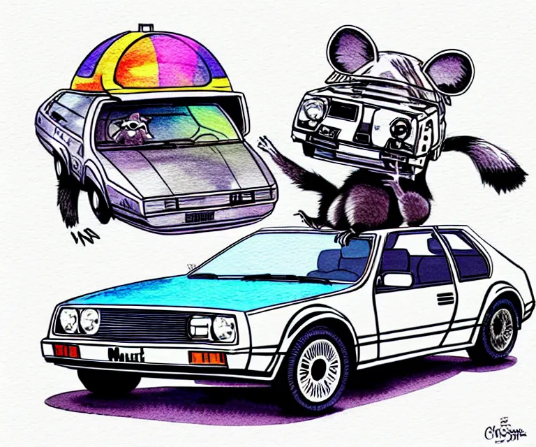 Image similar to cute and funny, racoon wearing a helmet riding in a tiny silver color hot rod dmc delorean with oversized engine, ratfink style by ed roth, centered award winning watercolor pen illustration, isometric illustration by chihiro iwasaki, edited by range murata, details by artgerm