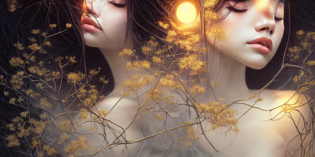 Prompt: kiss madison beer with a branches growing from her head, alterd carbon, geisha, dreamy ethereal vibe,, atmospheric, detailed intricate render, fibbonacci, detailed illustration, hd, 4 k, digital art, overdetailed art, gold, surrealistic, by greg rutkowski, by loish, trending on artstation, deviantart