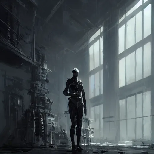 Prompt: concept art by greg rutkowski, a very tall and slender cyborg, talking to a short woman dressed in a utilitarian white and black jumpsuit, high tech and futuristic white walled environment, unnatural lighting, uncanny atmosphere, frightening and creepy atmosphere, scifi, highly detailed portrait, digital painting, artstation, concept art, smooth, sharp foccus ilustration, artstation hq