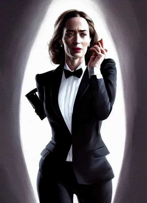 Prompt: portrait of emily blunt with reptile eyes as business woman, black suit, white shirt, black tie, intricate, headshot, highly detailed, digital painting, artstation, concept art, sharp focus, cinematic lighting, illustration, art by artgerm and greg rutkowski, alphonse mucha, cgsociety