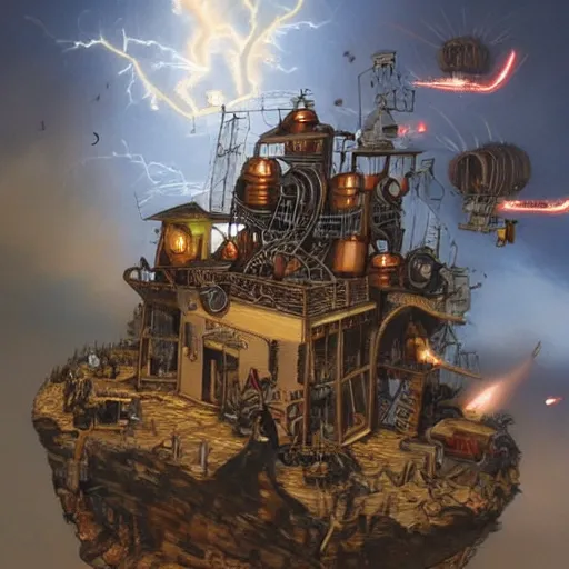 Image similar to a flying steampunk fortress, explosive storm, behrens style