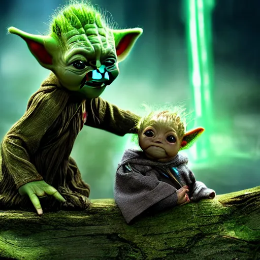 Image similar to baby yoda arguing with groot wearing star trek uniforms. high resolution.